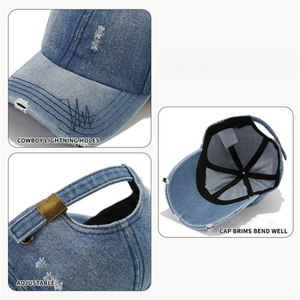 หมวกเบสบอลเดนิมกันน้ำปีกโค้งปรับได้ตามสั่งจากผู้ผลิต ปักโลโก้ สปอร์ต ยูนิเซ็กส์ 6 แผง - Product Image 3