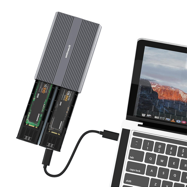 Tool Free 10Gbps M2 SSD Enclosure Dual-Bay M2 PCIE NVME SATA SSD Case Enclosure to USB3.1 Gen 2 Type C Type-C for Laptop