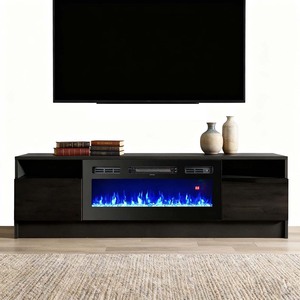 Meuble TV autoportant en bois blanc et noir 63'' avec télécommande, foyer <span class=keywords><strong>électrique</strong></span> à LED pour la maison - Product Image 1