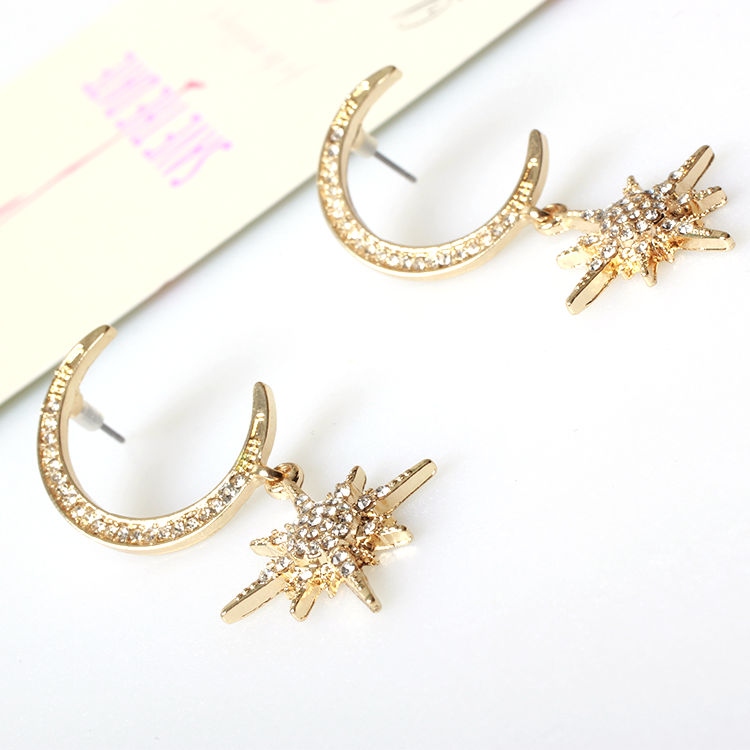 V & R de Smykker 18K oro estrella y luna de diamantes de imitación de cristal pendiente de aleación