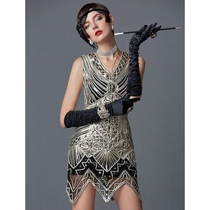 1920s Retro Beaded <b>Sequined</b> Sleeveless <b>Skirt</b> V-neck Empire Waist Sheath Vintage Evening Gown Adult Women <b>Plus</b> <b>Size</b> XS-4XL - Product Image 2