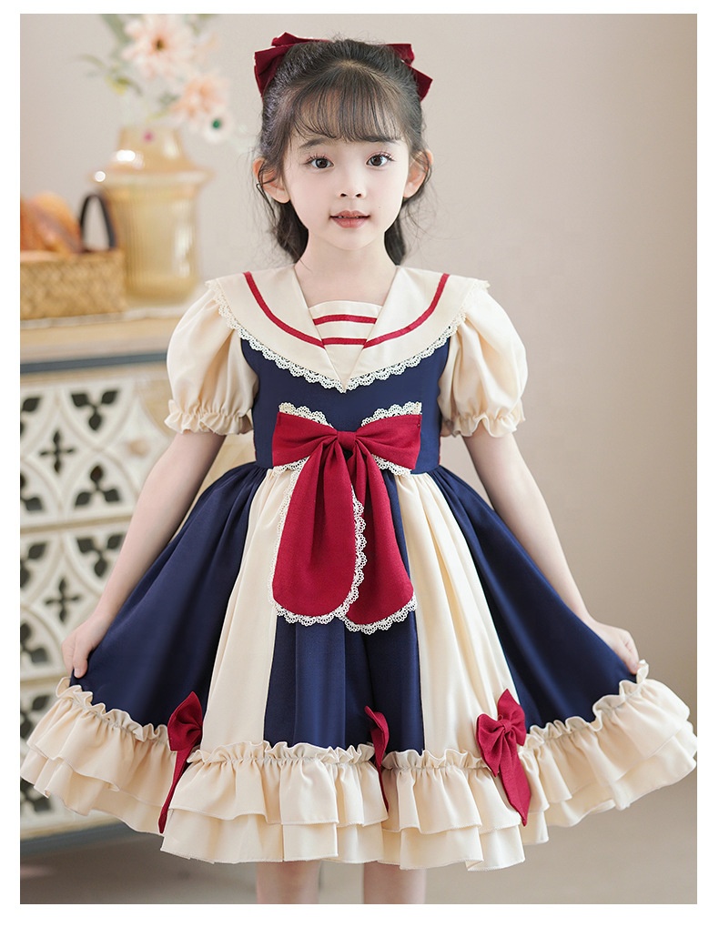Lolita Princess Dress Kawaii Long Sleeves Sweet Girl Chiffon Fancy Dress  with Bow Blue