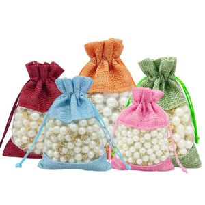 Eco-Friendly Custom Hemp Burlap <b>Drawstring</b> Gift Bags with Sheer Window for Jewelry and Gifts - Product Image 5