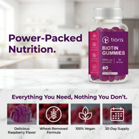 Gummies à la biotine Tiora 10000 mcg pour les cheveux, la peau et les ongles, saveur framboise naturelle, végétaliennes, complément alimentaire pour femmes