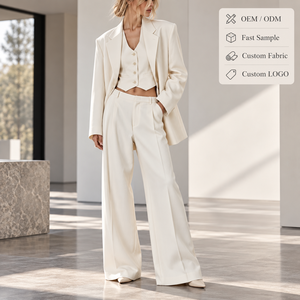 Completo da Donna Due Pezzi Personalizzato ODM OEM con Ricamo, per Uso Quotidiano, Casual, <span class=keywords><strong>in</strong></span> <span class=keywords><strong>Lino</strong></span>/Cotone, con Blazer a Maniche Lunghe e Pantaloni Vestibilità Regolare - Product Image 1