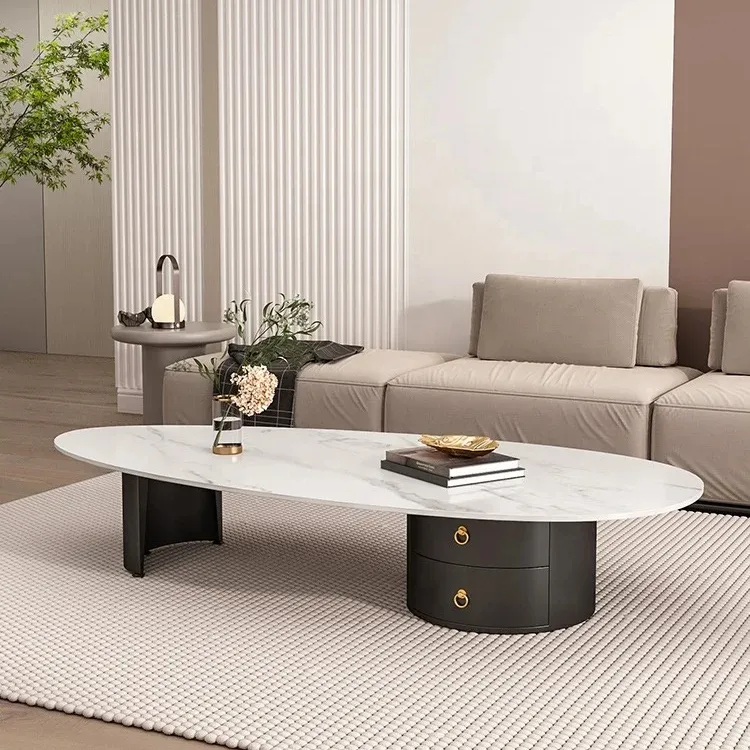 Juego de mesa de Centro de Piedra de roca dorada de lujo moderno SWT, mesa de centro ovalada de mármol para sala de estar