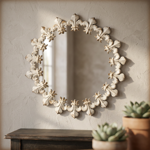 Vintage <b>White</b> Ornate Wall <b>Mirror</b> with Handcrafted Floral Frame Antique Finish Elegant Accent for Luxury Home Decor - Product Image 1