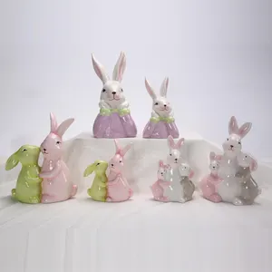 تماثيل الأرنب والأرنبة المصنوعة يدوياً هدايا عيد الفصح ديكور المنزل سيراميك حيوانات عائلية
