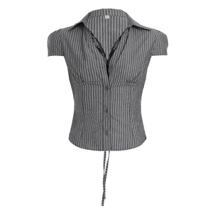 Blusa de Verano para Mujer, Estilo Vintage, Tejida con Encaje, a Rayas, Cuello en V, Manga Corta, con Lazos en la Cintura - Product Image 6