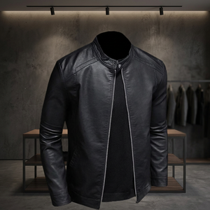 BS International Black Leather <b>Racer</b> <b>Jacket</b> Unisex Waterproof Windproof Breathable Canvas Winter Mandarin Collar Zipper Closure - Product Image 1