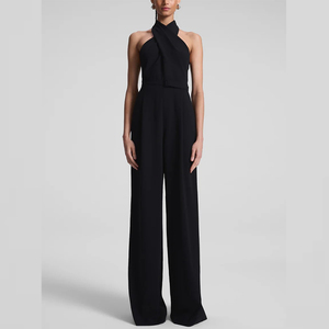 Combinaison à jambes larges à col halter croisé noire pour femmes Personnalisable Élégante Combinaison <span class=keywords><strong>de</strong></span> soirée formelle - Product Image 1