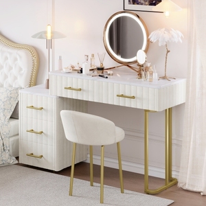 Modern Velvet Upholstered <b>Vanity</b> Desk LED <b>Lighted</b> Mirror Chair Padded Chair Dressing Table Left/Right Adjustable Storage Beige - Product Image 1