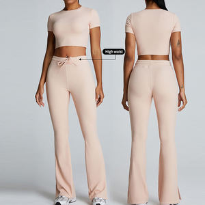 MIQI personnalisé femmes 2 pièces Yoga à manches courtes haut court évasé Leggings course vêtements de sport Sexy cyclisme Yoga porter - Product Image 6