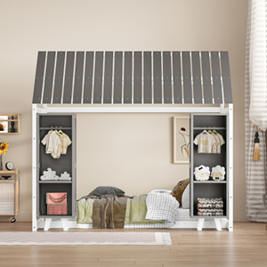 Letto <span class=keywords><strong>a</strong></span> casetta in legno compensato per bambini, con tetto e recinzione, ecologico e resistente, con <span class=keywords><strong>due</strong></span> armadi mobili, colore grigio, mobili per la casa - Product Image 2