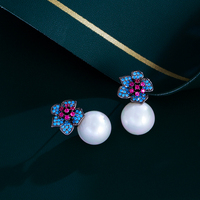 Boucles d'oreilles pendantes en forme de fleur avec zircon bleu et rose, plaqué or noir, perle blanche de grande taille, accessoires pour filles, cadeaux