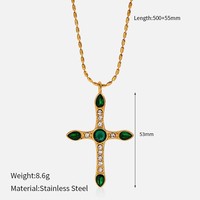 Collier pendentif chic de style français en acier inoxydable plaqué or 18 carats avec croix et goutte d'eau ornées de strass