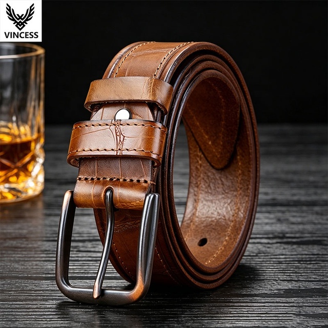 VINCESS Luxury Design Men's Leather Belt Manufacturer Custom Logo Handmade Cowhide Belt for Work Business Clothing Accessories