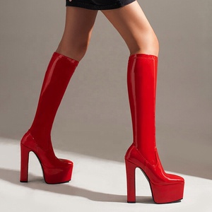 Newest Styles Square Toe High Platform Knee <b>Boots</b> for Women Mirror Patent Leather Long High-heeled Chunky Booties - Product Image 4