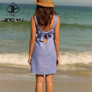 Vestido de Verano Azul Playa Personalizado de Fábrica con Costuras en Contraste Premium, Vestido Mini de Lino 100% Transpirable de Alta Calidad - Product Image 2