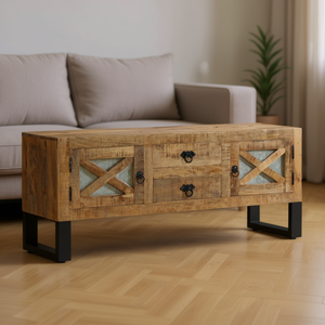 Meuble TV rustique en bois de manguier avec rangement et pieds en acier pour le salon - Product Image 2