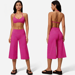 Ensemble de yoga rose grande taille sans coutures, dos nu, avec pantalon culotte taille haute, 2 pièces, couleur unie, respirant, Spandex/Polyester - Product Image 1