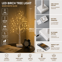 Lumières d'arbre artificielles en bouleau avec LED, 60 cm, 144 LED, alimentées par piles, pour la décoration de la maison, des coins, des mariages, de Noël