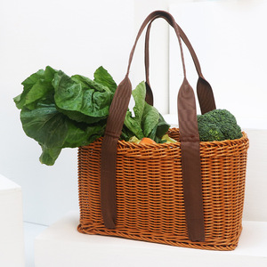 Cesta de compras de plástico tejida de ratán con 2 asas, fácil de transportar, cesta de almacenamiento portátil para uso en supermercados y campamentos - Product Image 1