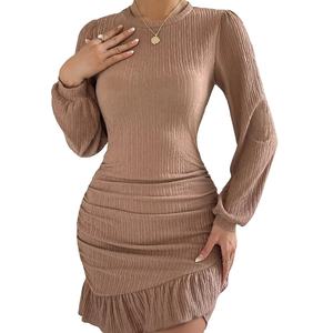 Vestidos Cortos Sexys de Alta Calidad para Mujer, Personalizables al por Mayor, Vestido Ajustado de Punto con Mangas Largas y Pliegues, Color Sólido Natural - Product Image 1