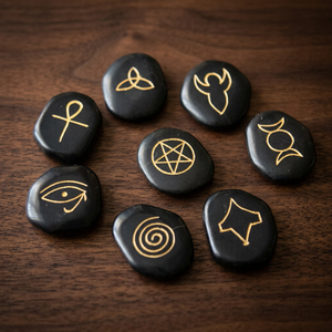 Handmade Black Crystal Set with Golden <b>Pagan</b> Symbols Reiki Healing <b>Art</b> Collectible Free Form Oval Shape Polished Finish - Product Image 3