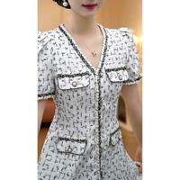 9776 Jupe Courte Vintage d'Été [Greer Dian] Robe Slim à Col en V et Taille Haute à Motifs Floraux en Polyester