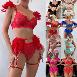 Grosir Lingerie renda bulu mata mewah wanita Set Lingerie berongga Lingerie sejuk 3 potong dengan Garter - Product Image 1