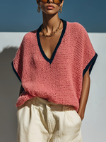 Pull décontracté pour femme, nouveau modèle, col en V, tricot ajouré, manches chauve-souris amples, fin, respirant, ajusté, polyvalent (100% Polyester, personnalisable)