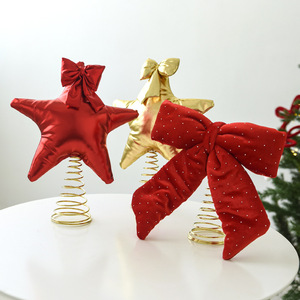 LINGKAI Red Gold Fabric <b>Star</b> <b>Top</b> Ornament Christmas Tree Topper <b>Star</b> With Bow Spring Base for Xmas Tree Holiday Decor - Product Image 1