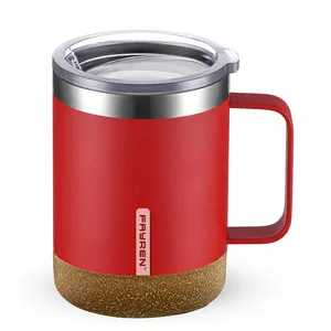 Wholesale mug cork base-Cork Base 12oz coffee Mug Stainless Steel Travel cup Camping wooden Mug with handle