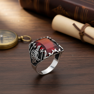 Triangle Cut <b>Garnet</b> Gemstone Ottoman Tugra Design Men <b>Rings</b> Authentic Men <b>Ring</b> Wholesale Handmade 925 Sterling <b>Silver</b> - Product Image 3