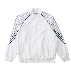 White Unisex <b>Racer</b> <b>Jacket</b> With Black Stripes Zipper Closure Stand Collar Elastic Waist Regular Fit All Seasons Polyester Materia - Product Image 1