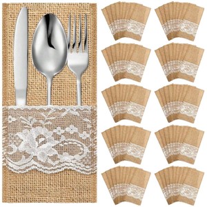 Porta Cubiertos de Lino con Encaje Plateado para Navidad, Bodas y Fiestas - Product Image 6