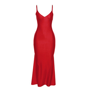 Abito da sera Sexy Skinny con scollo a V rosso puro colore puro Maxi abito aderente da donna - Product Image 5