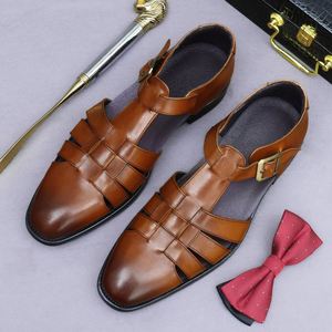 Sandalias de Cuero Elegantes y de Lujo para Hombre, Piel de Vacuno Genuina para Verano, Chanclas de Cuero Genuino para Conducir, Zapatos con Hebilla Retro - Product Image 1