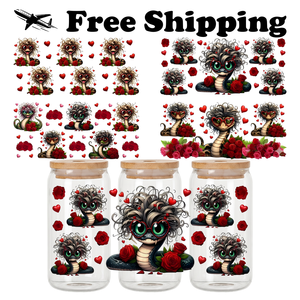 Cute Messy Bun Snake with Heart Glasses and Red Roses UV DTF Cup Wrap Transfer for 16oz Libbey Glass Can Valentine's Day - Product Image 1