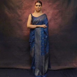 Sari en soie bleue avec broderie Zari, tenue traditionnelle indienne pour mariage, pour femmes, longueur au sol, sari ethnique de créateur - Product Image 1