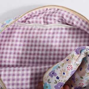 Grande Trousse de Maquillage de Voyage Personnalisée en Coton Écologique pour Femmes, avec Fermeture Éclair et Intérieur à Motif Treillis Violet, pour Cosmétiques et Fleurs - Product Image 4