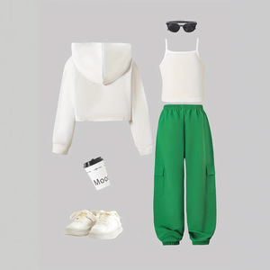 Ensemble de vêtements pour filles tendance, 3 pièces, <span class=keywords><strong>costume</strong></span> de sport vert en toile, camisole à manches longues à capuche et pantalon à poches, taille 14 ans - Product Image 2