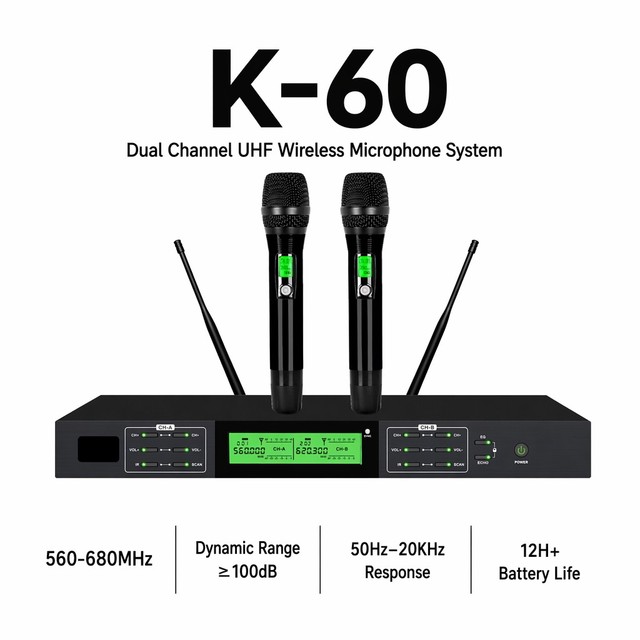 Professional True Diversity UHF Wireless Microphone System Dual Channel 100m Range Handheld Mic with EQ FX for Stage Church