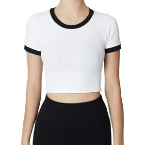 Wholesale baby Y2k blank ringer crop tops sexy ribbed white t shirts for women