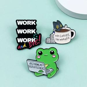 Cute Animal Metal Pins Work Work Work And Die Frog Laptop Cat <b>Coffee</b> Enamel Brooches Irregular Shape Collectible Art - Product Image 3