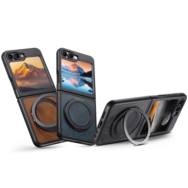 Luxury Vintage PU Leather Magnetic Ring Kickstand Case for Samsung Z Flip 8 7 6 5, Strong Magnet for Wireless Charger
