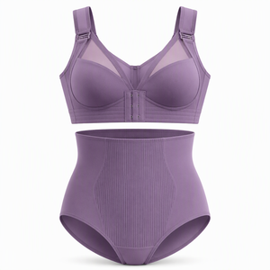 Ensemble soutien-gorge gainant à fermeture avant et culotte taille haute pour femme, couleur violette, lingerie grande taille, push-up, bonnet complet - Product Image 1