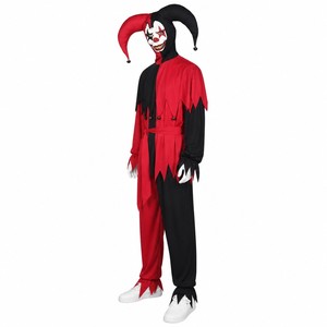 Conjunto de Disfraz de Bufón Malvado con Capucha de Dos Puntas, Máscara Blanca, Túnica Roja y Negra, Pantalones y Accesorios de Halloween, Incluye Mazo - Product Image 2