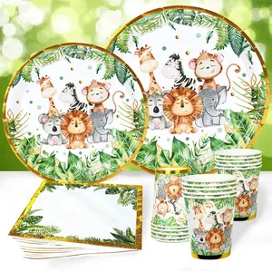 뜨거운 판매 정글 파티 용품 동물 종이 접시 컵 냅킨 생일 파티 장식용 일회용 식기 세트